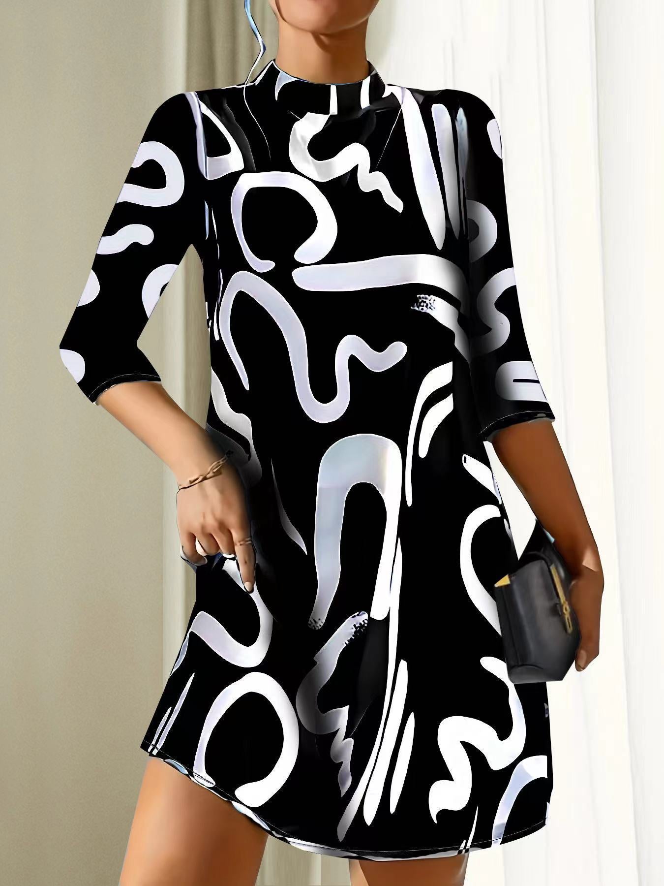 Elegantes Damenkleid mit Herbstprint für Feste und Alltag-1