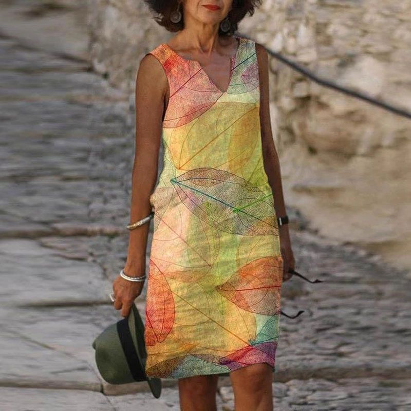 Ärmelloses Herbstkleid für Damen mit Eleganten Blätterdruck-1