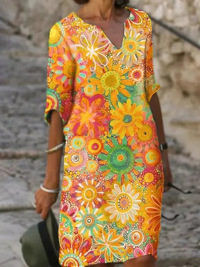 Elegantes Damenkleid mit V-Ausschnitt und Blumendruck-1