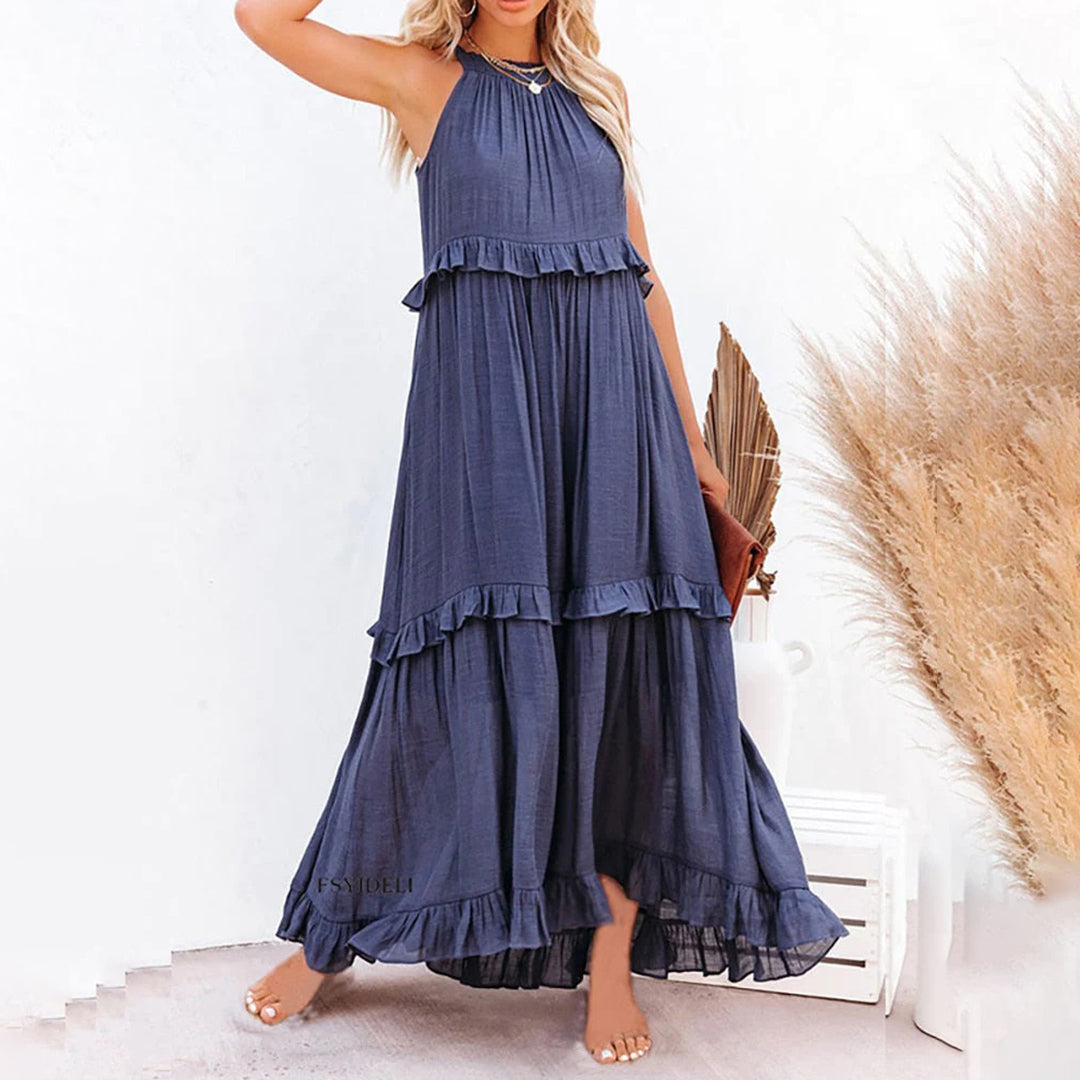 Damen Maxikleid Beige - Elegantes, Ärmeloses Sommer Kleid Lang für Festliche Anlässe und Sommerpartys 1