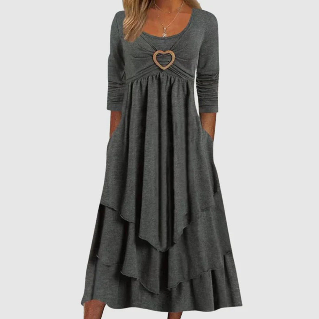 Damen Langes A-Linien Kleid Beige mit O-Ausschnitt und langen Ärmeln 1