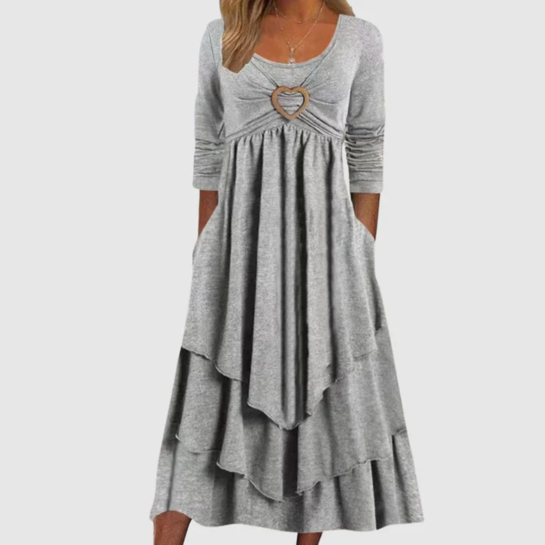 Damen Langes A-Linien Kleid Beige mit O-Ausschnitt und langen Ärmeln 2