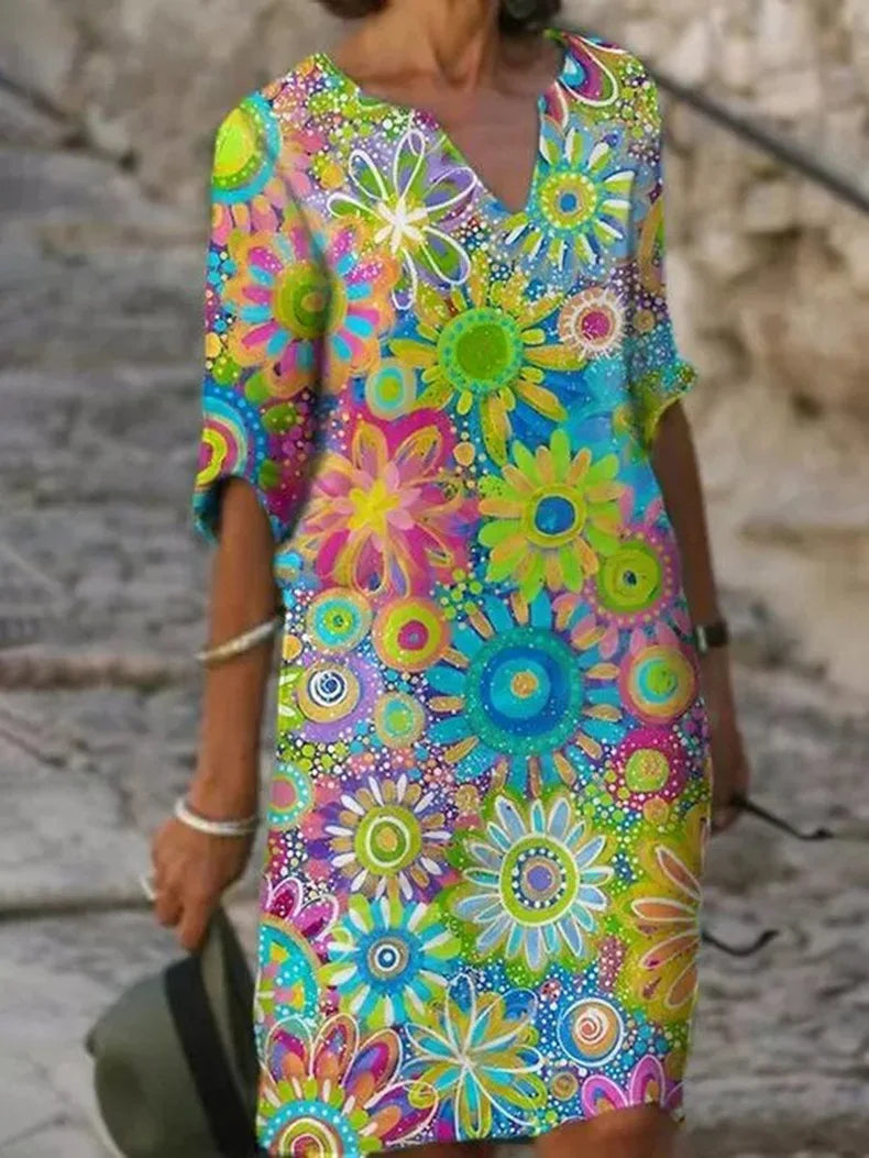 Elegantes Damenkleid mit V-Ausschnitt und Blumendruck-2