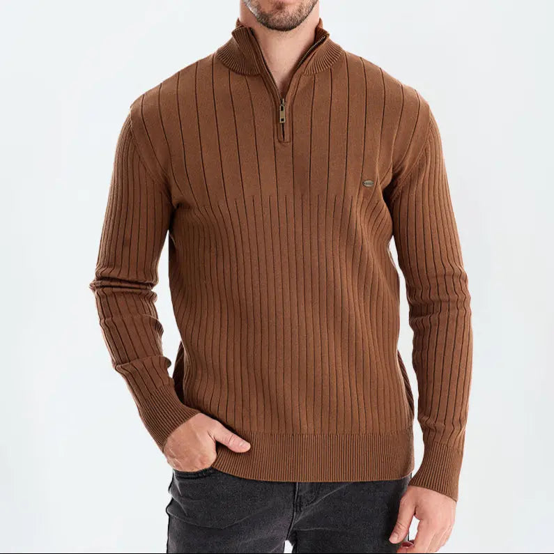 ZVNT sweater Baumwollstrickpullover mit vertikalen Streifen & Viertelreißverschluss - Stilvoll & Bequem